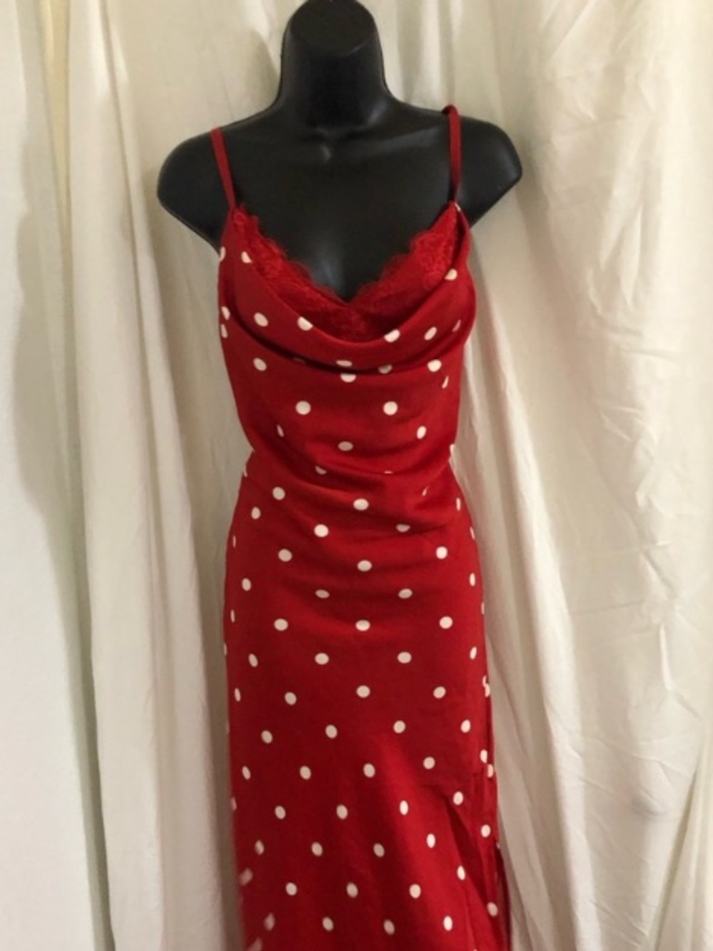 Lace Bra Top Red Polka Dot Satin Slip Maxi Dress